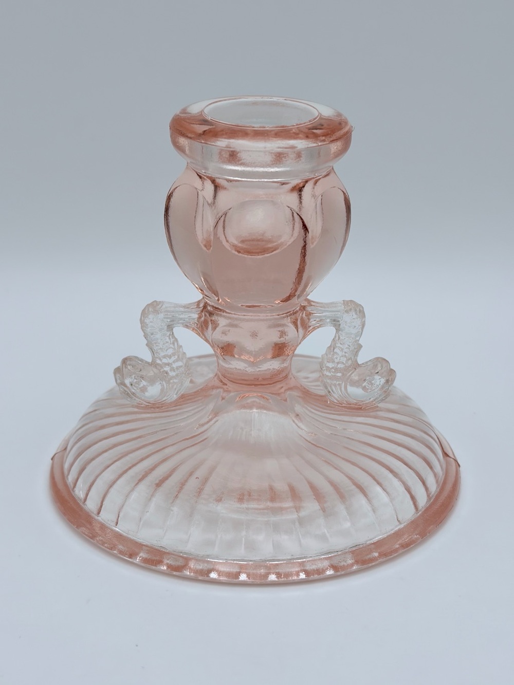 Vintage, Soft Pink, Depression Glass, Koi Fish, Candlestick Holder, 3 3/4” Tall